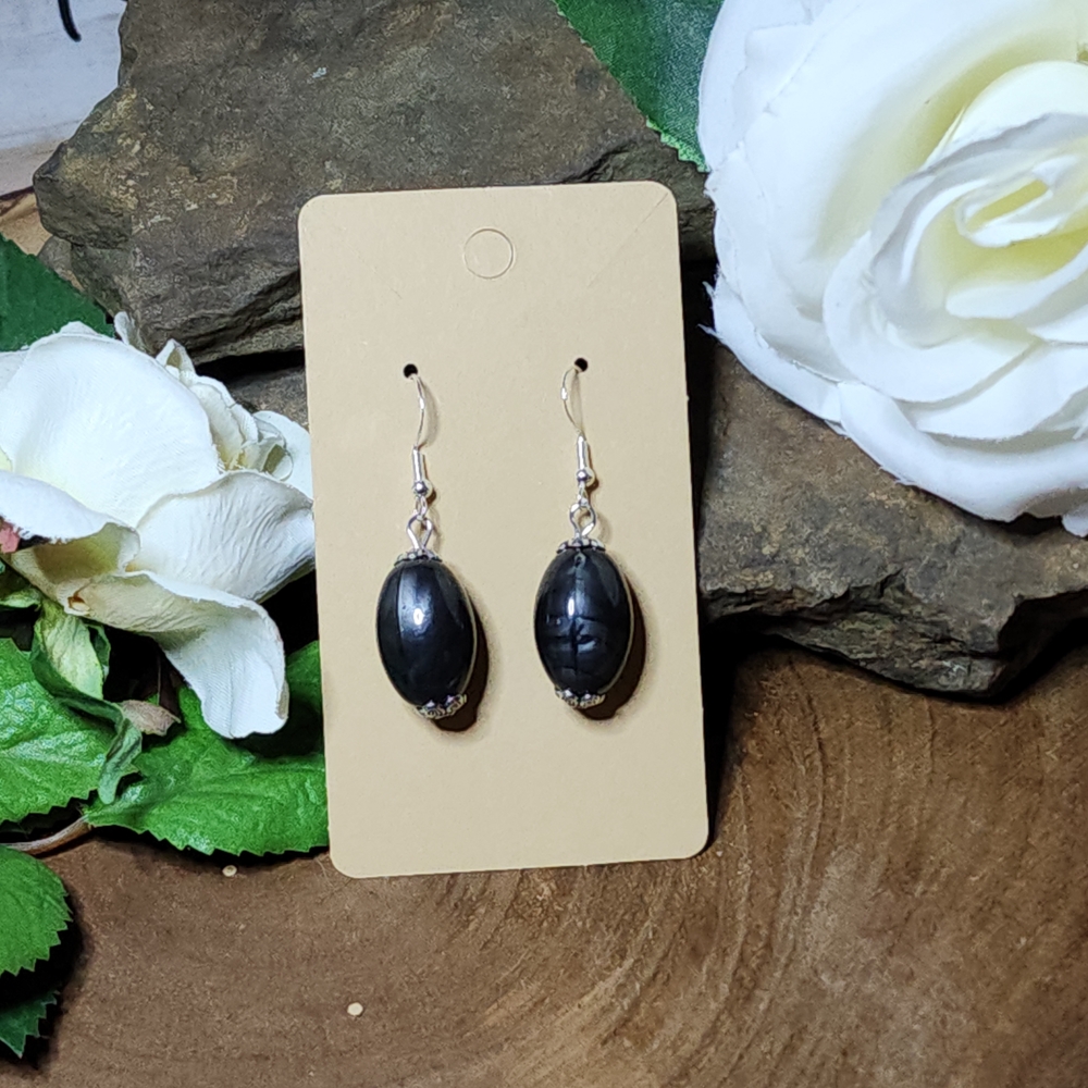 Hand Crafted Dangle Earrings With Black & Gray Swirled Beads
